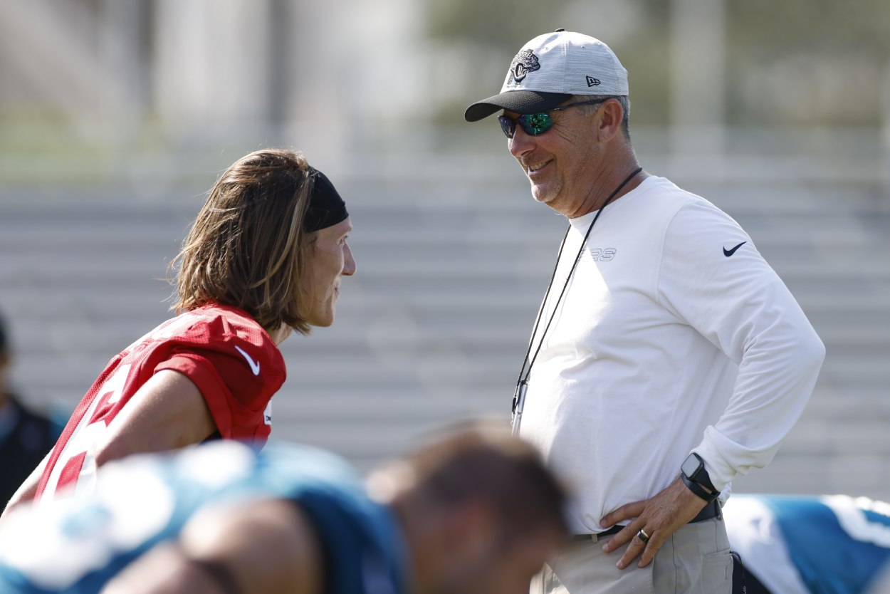 Jacksonville Jaguars head coach Urban Meyer (R) and quarterback Trevor Lawrence in 2021.