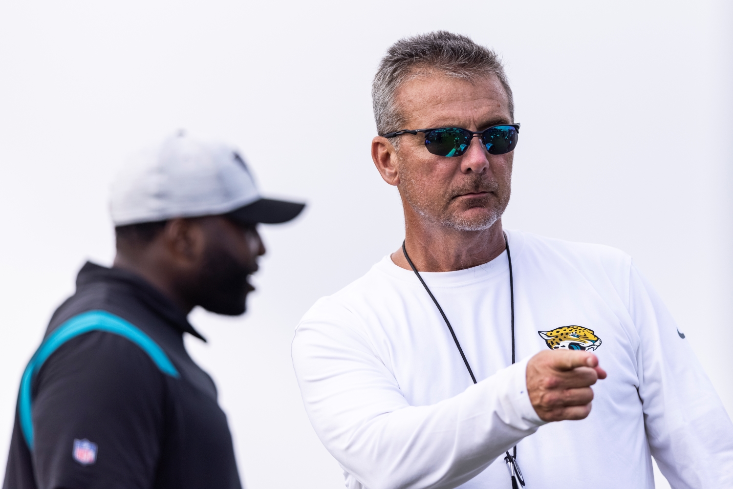 Jacksonville Jaguars head coach Urban Meyer points during a drill.,
