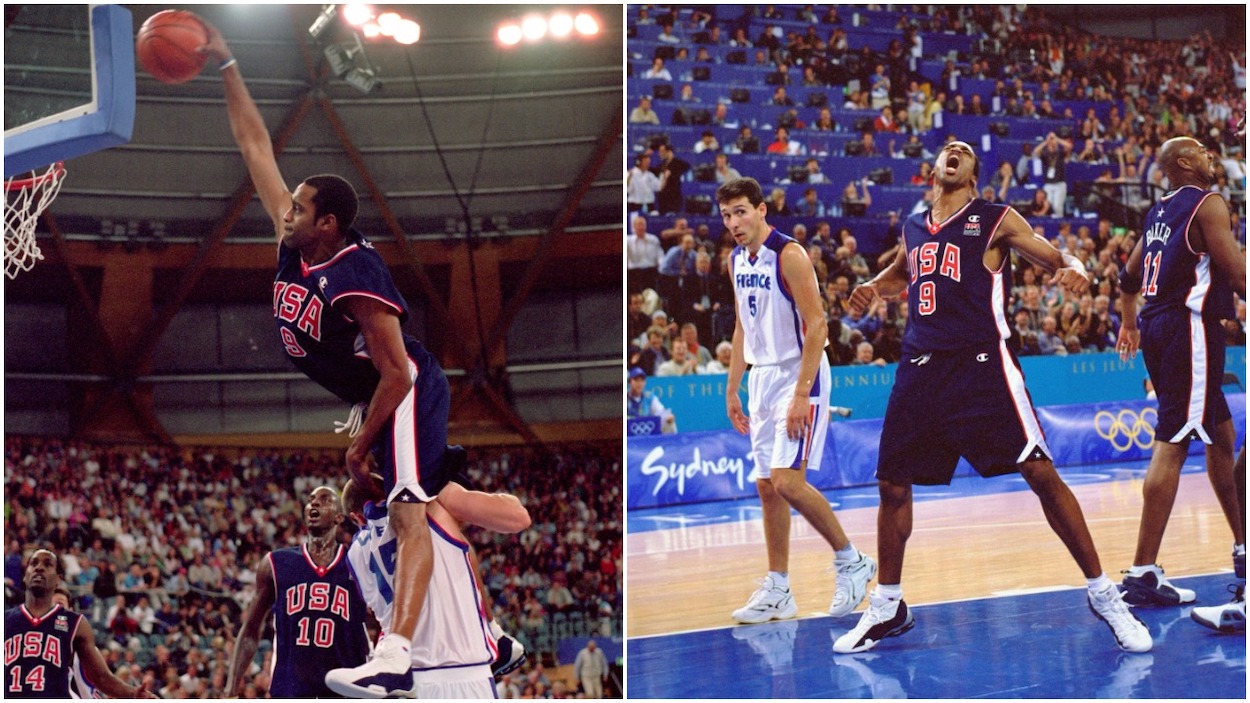 (L-R) Vince Carter of the USA leaps over Frederic Weis of France to dunk at the Sydney 2000 Olympic Games in Sydney, Australia; Carter celbrates after his iconic "Dunk of Death"