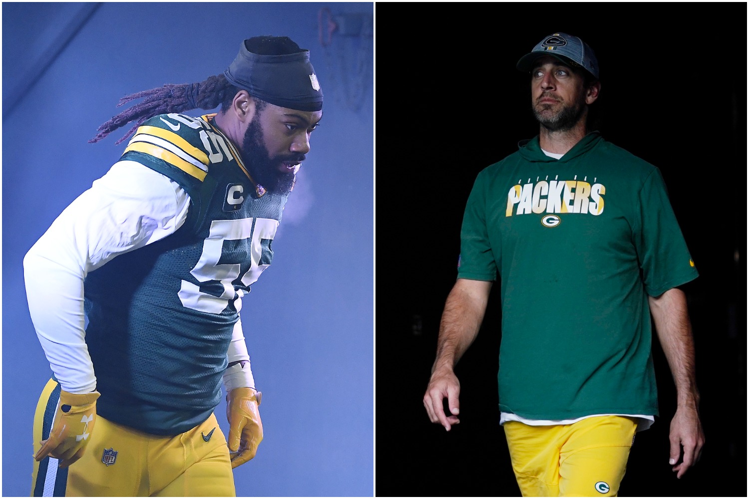 Green Bay Packers linebacker Za'Darius Smith exits the tunnel as Aaron Rodgers heads onto the field before a preseason game.
