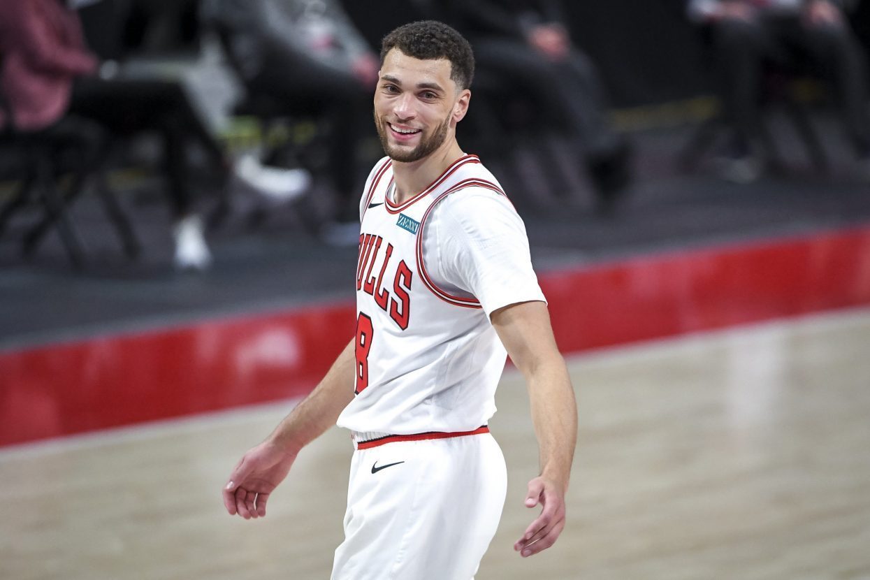 Chicago Bulls star Zach LaVine reacts during a game in May