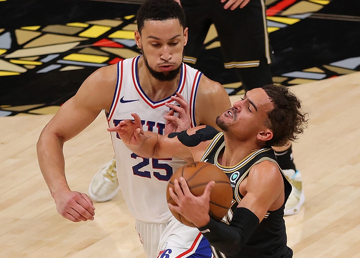 Ben Simmons, whose talented seems to have been forgotten during all the offseason drama, guards the Atlanta Hawks' Trae Young during the 2020-21 Eastern Conference Semifinals.