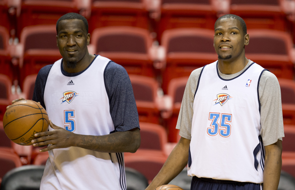 Kendrick Perkins and Kevin Durant during happier times