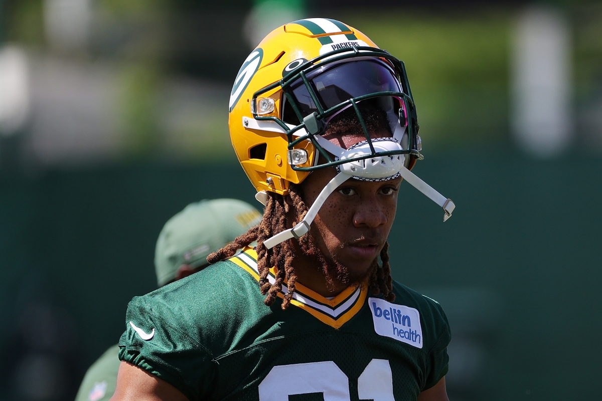 Eric Stokes of the Green Bay Packers works out during training camp.