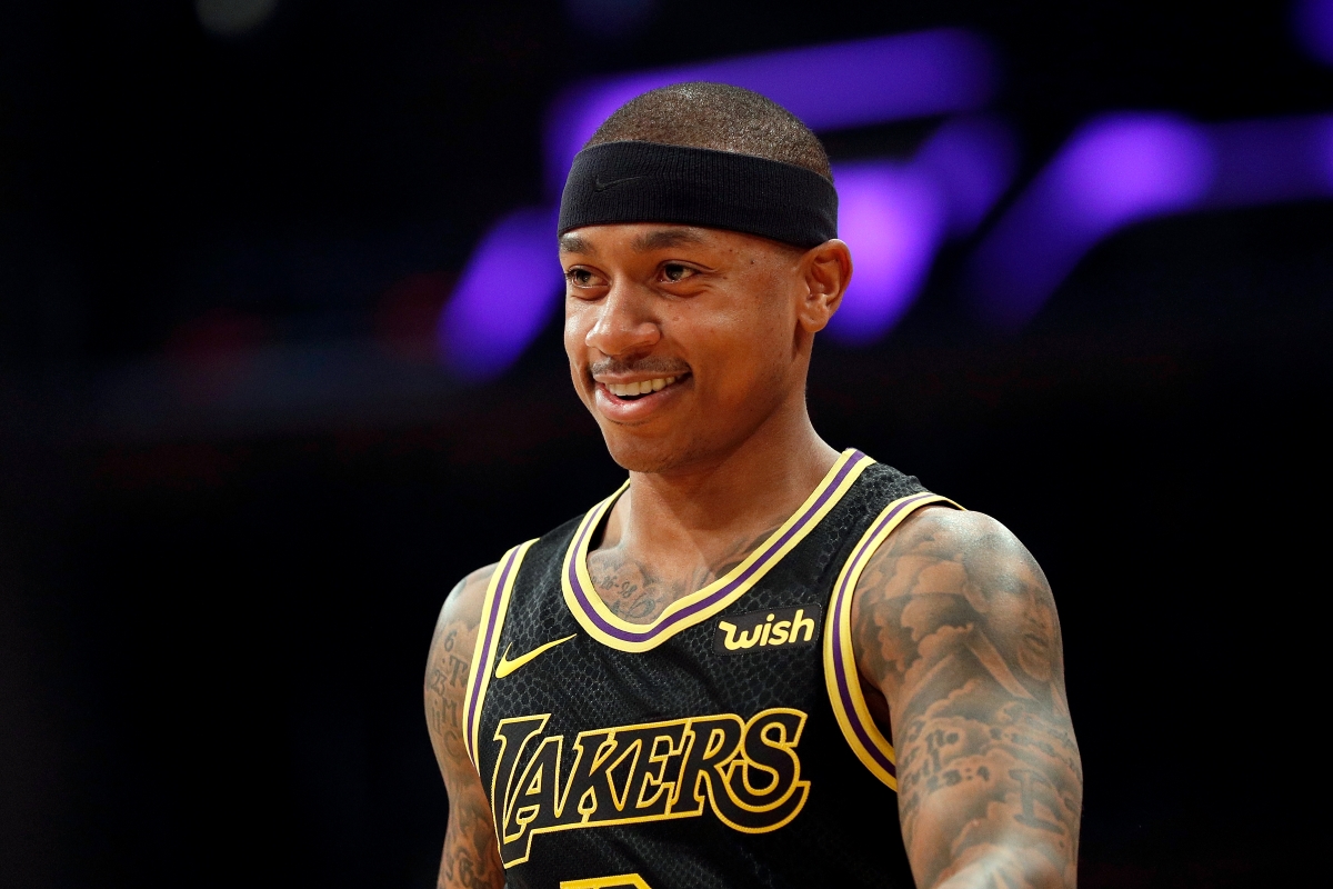 Isaiah Thomas of the Los Angeles Lakers smiles during a 2018 game.