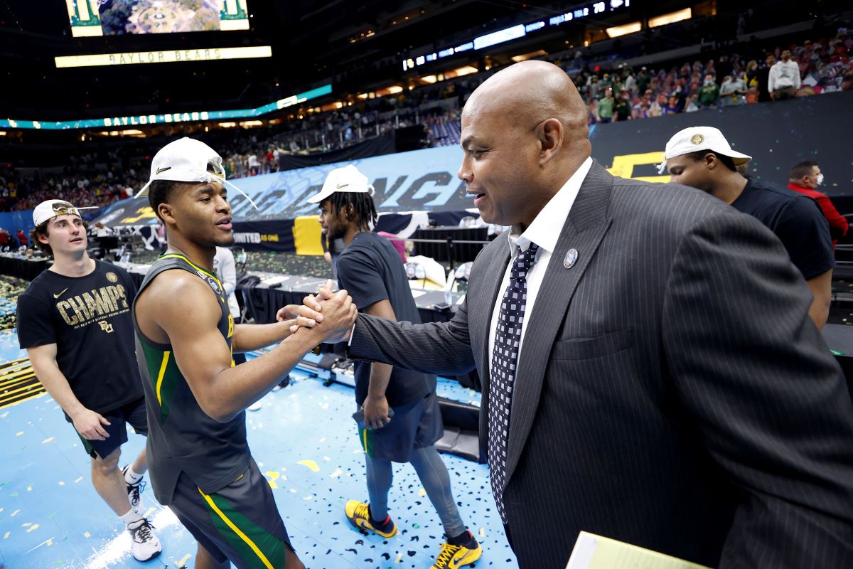 Jared Butler is congratulated by Charles Barkley after his Baylor team won the 2021 NCAA Men's Basketball Championship.