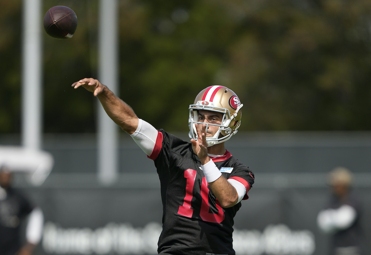 Jimmy Garoppolo throws a pass during training camp.
