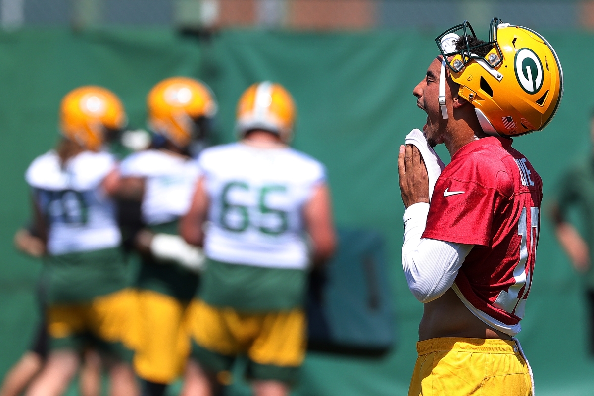 Jordan Love of the Green Bay Packers works out during training camp.