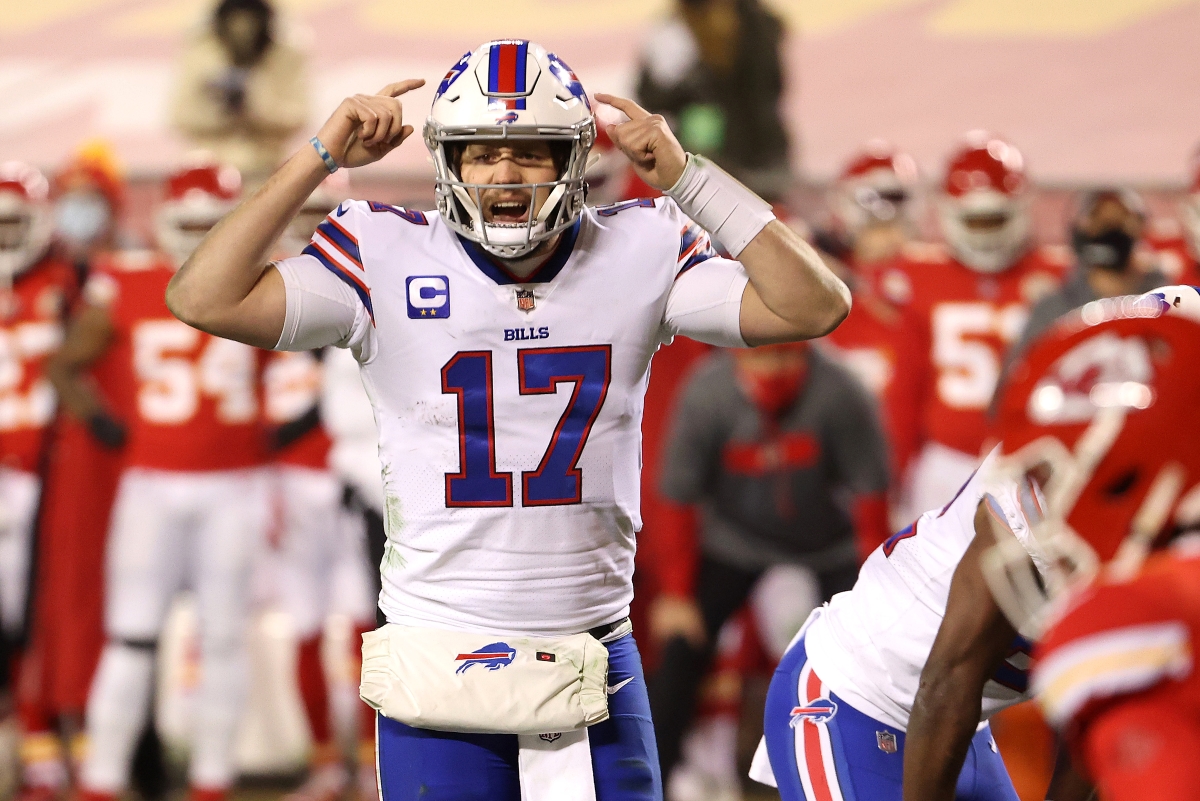 Josh Allen of the Buffalo Bills gestures in the first half against the Kansas City Chiefs during the AFC Championship Game.