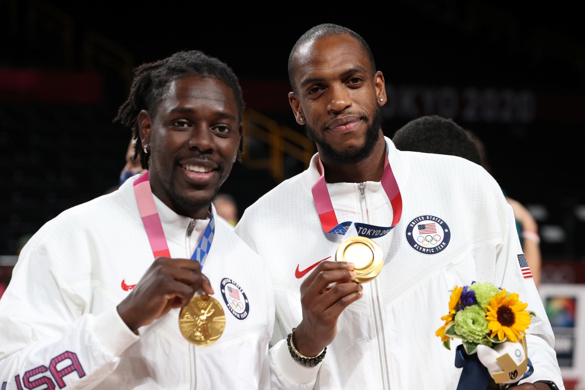 Milwaukee Bucks teammates Jrue Holiday and Khris Middleton pose together with their Olympic gold medals