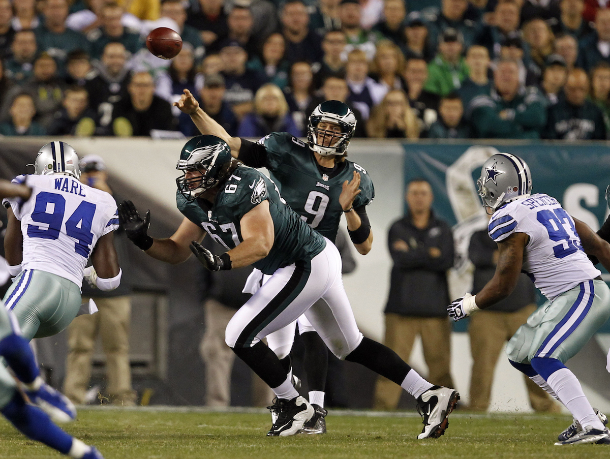 The quarterback is one of the many NFL football positions. Nick Foles throws a pass against the Cowboys.