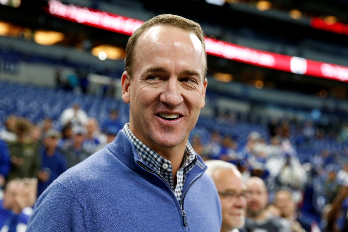 Peyton Manning looks on from the sidelines during a game at Lucas Oil Stadium in Indianapolis.