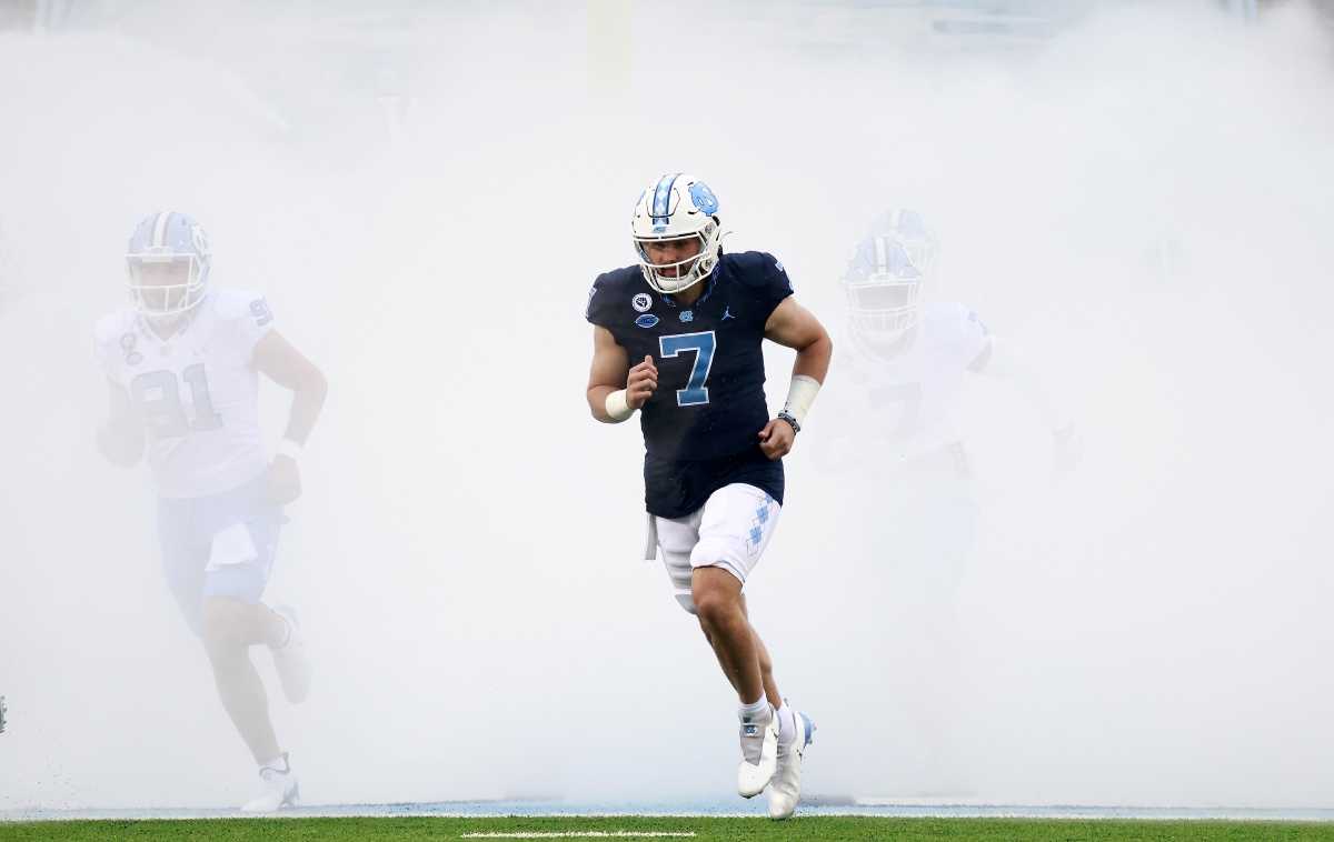 Sam Howell of the North Carolina Tar Heels takes the field during UNC's spring game.
