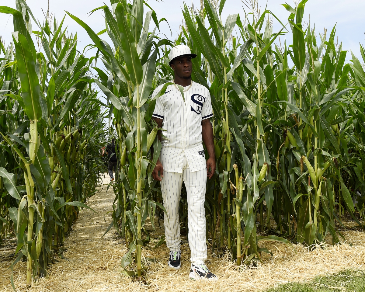 Tim Anderson of the Chicago White Sox walks through the corn rows and onto the field prior to Major League Baseball's inaugural Field of Dreams game.