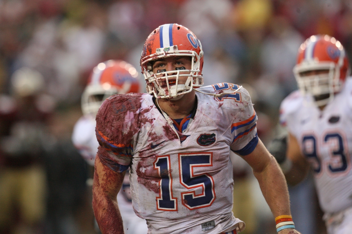 Tim Tebow of the Florida Gators celebrates a big play.