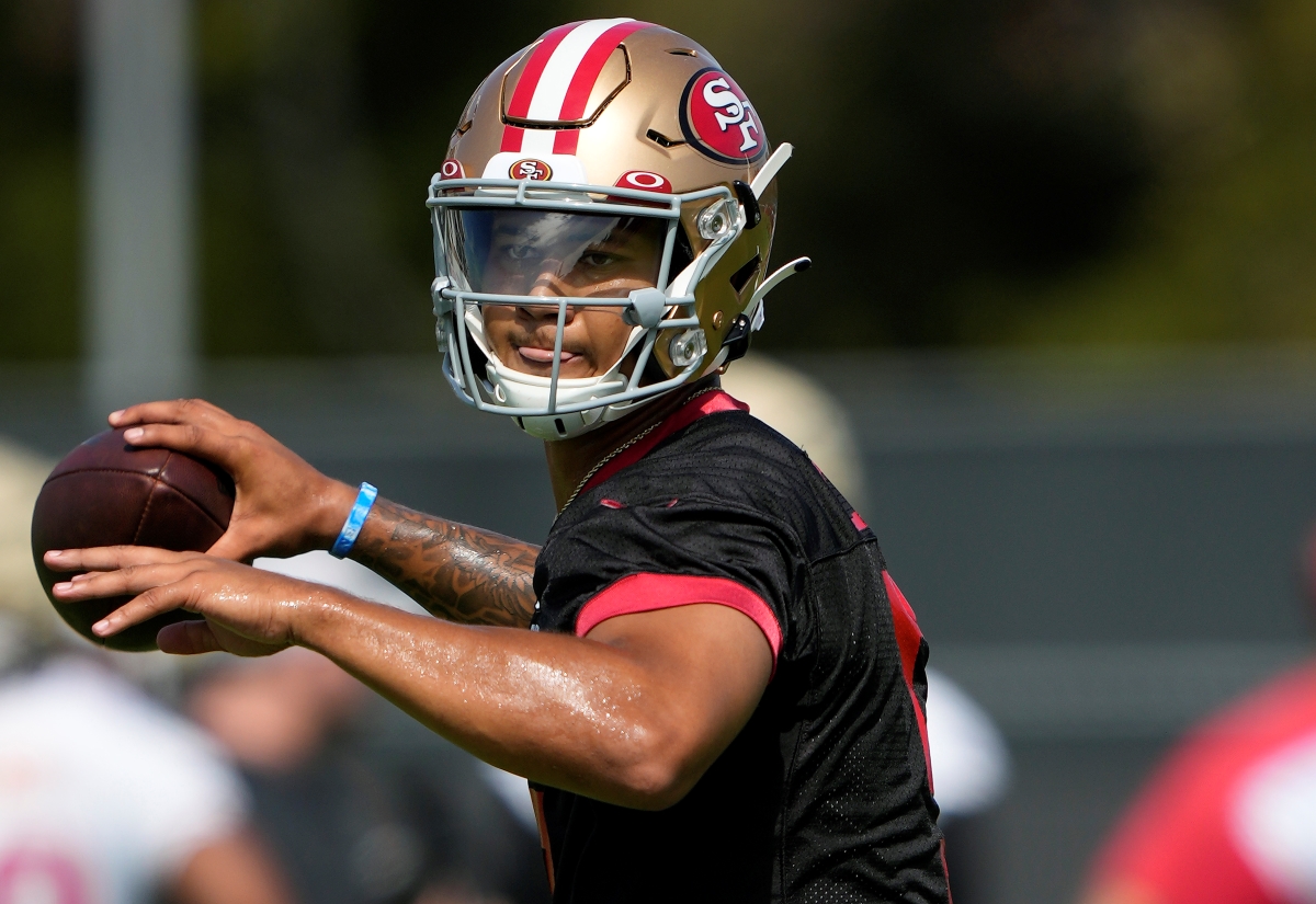San Francisco 49ers rookie quarterback Trey Lance works out during training camp.