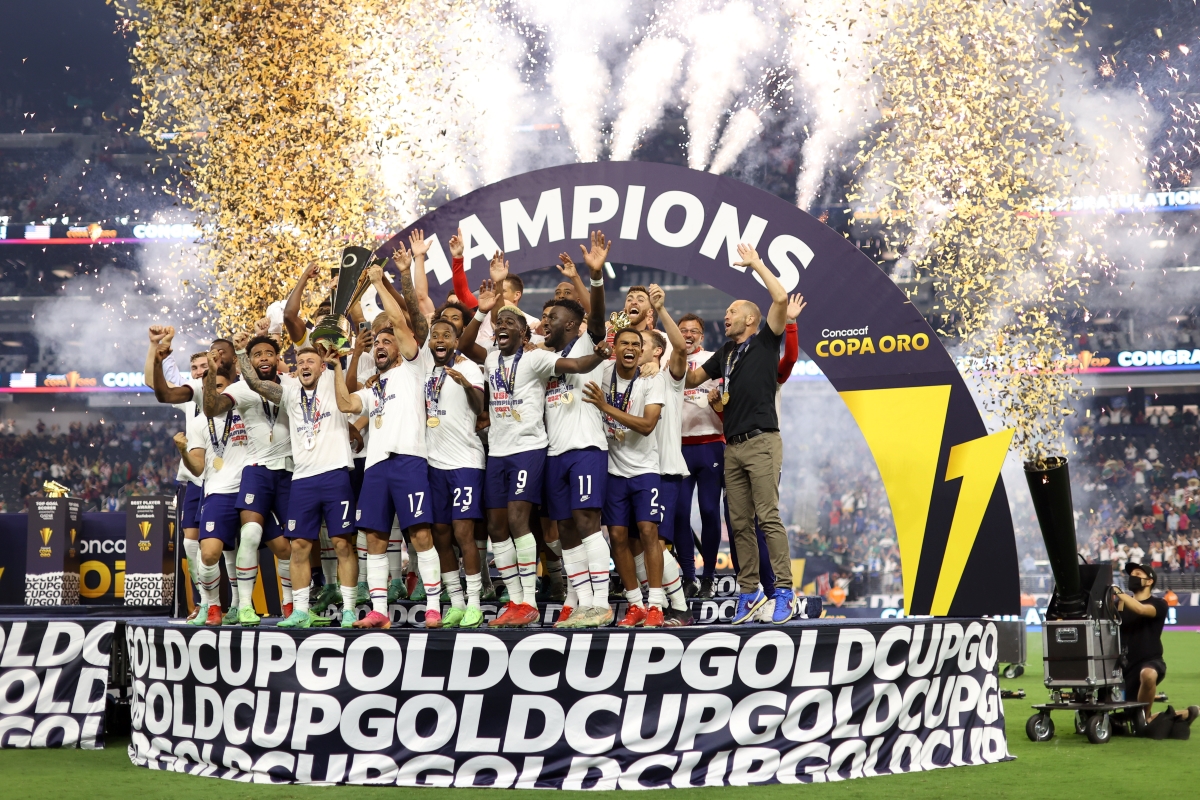 The United State's Men's National Team celebrates after beating Mexico to win the 2021 Concacaf Gold Cup.