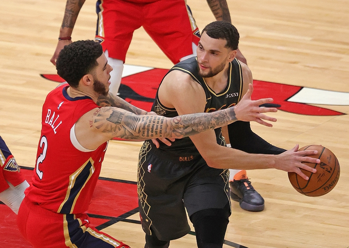 The Chicago Bulls' Zach Lavine is defended by Lonzo Ball of the New Orleans Pelicans.