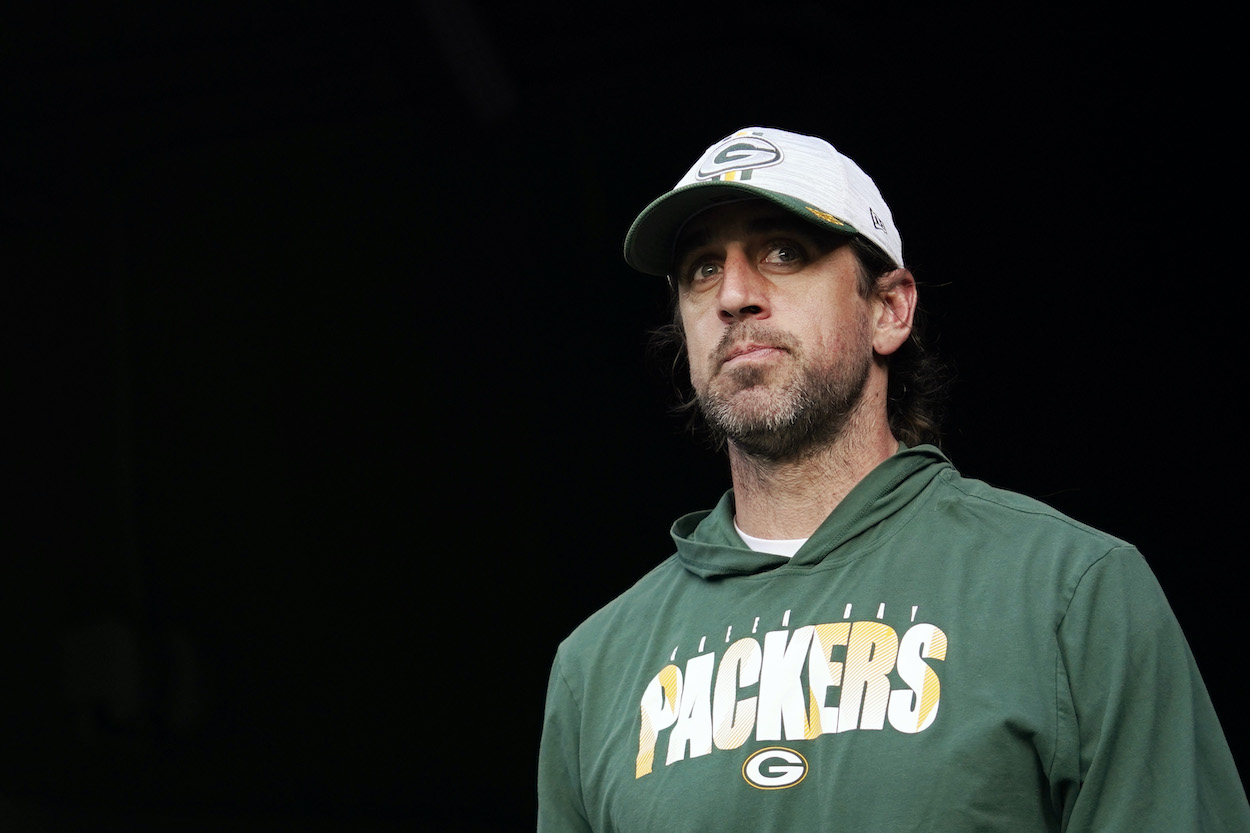 Green Bay Packers quarterback Aaron Rodgers looks on during a preseason game vs. the Houston Texans.