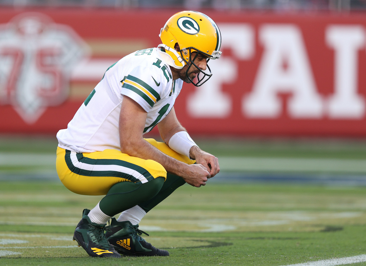 Aaron Rodgers of the Green Bay Packers rests between plays during the first half against the San Francisco 49ers in the game at Levi's Stadium on September 26, 2021 in Santa Clara, California.
