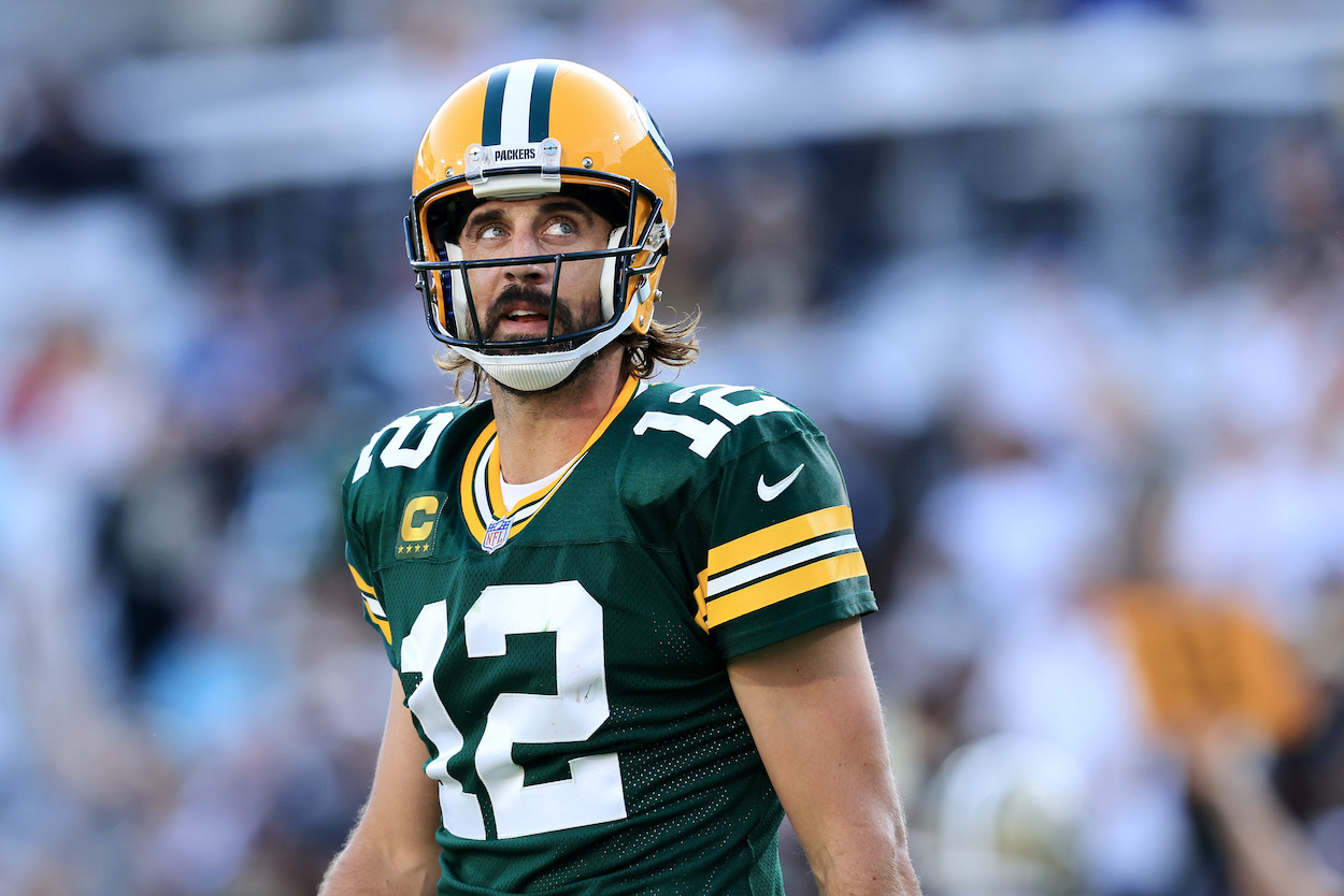 Aaron Rodgers of the Green Bay Packers reacts against the New Orleans Saints during the second half at TIAA Bank Field on September 12, 2021 in Jacksonville, Florida.