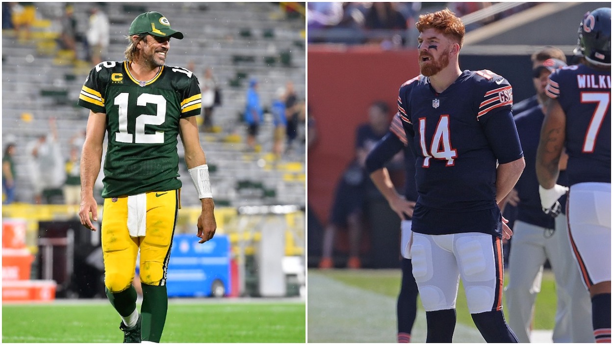 NFL Week 2 winners and losers include (L-R) Aaron Rodgers of the Green Bay Packers reacts as he walks of the field following the team's win against the Detroit Lions during an NFL football game at Lambeau Field on September 20, 2021; Andy Dalton of the Chicago Bears watches from the sidelines as teammates take on the Cincinnati Bengals at Soldier Field on September 19, 2021 in Chicago, Illinois. The Bears defeated the Bengals 20-17.