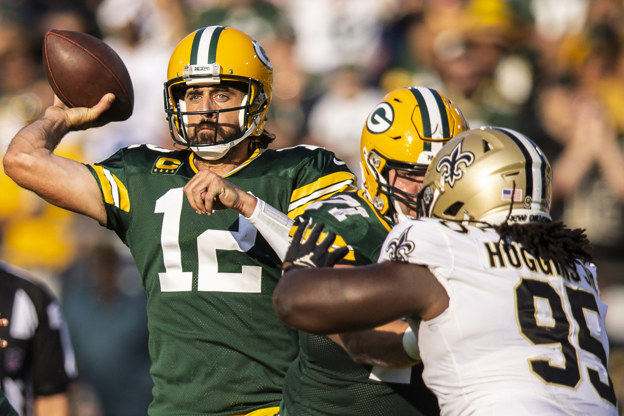 Green Bay Packers quarterback Aaron Rodgers against the Saints in Week 1 of the 2021 NFL season.