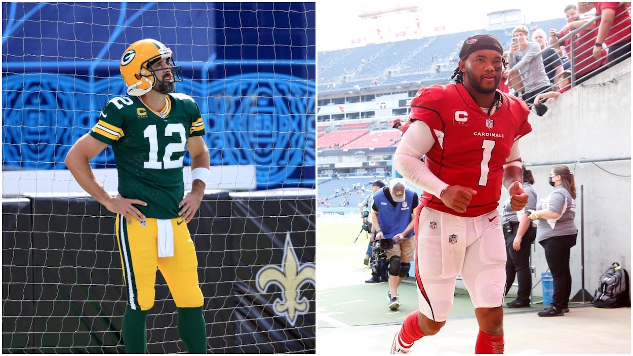 NFL Week 1 winners and losers: (L-R) Aaron Rodgers of the Green Bay Packers looks on prior to the the game against the New Orleans Saints; Kyler Murray of the Arizona Cardinals leaves the field against the Tennessee Titans.