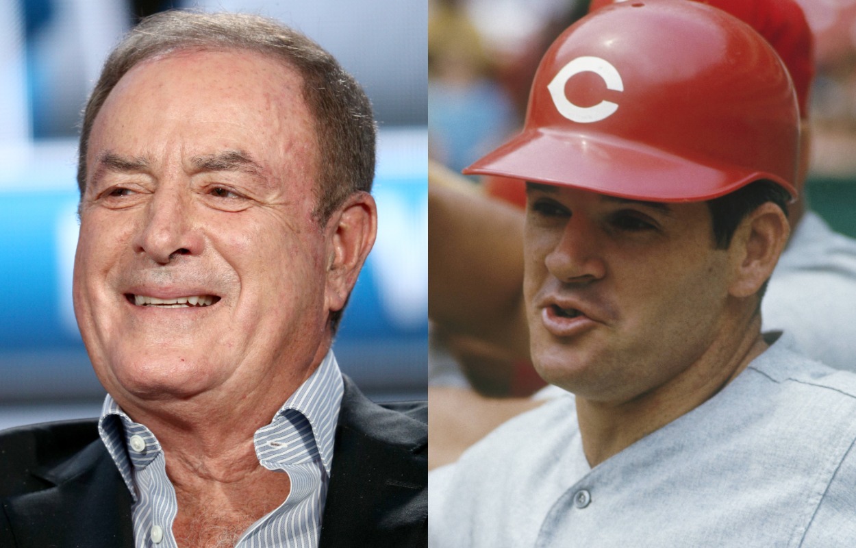Legendary NBC Sports announcer Al Michaels (L) and baseball legend Pete Rose.