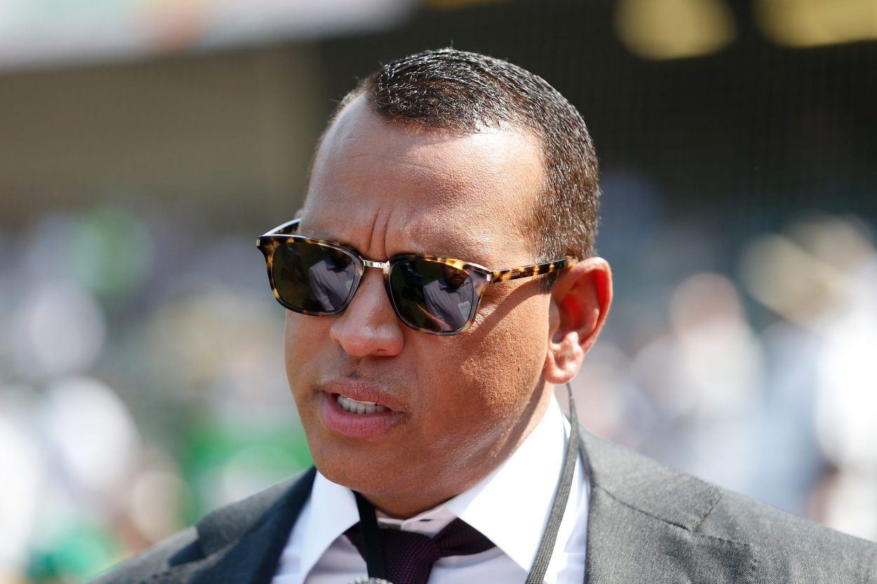 New Timberwolves co-owner Alex Rodriguez on the field before a game between the Oakland Athletics and New York Yankees