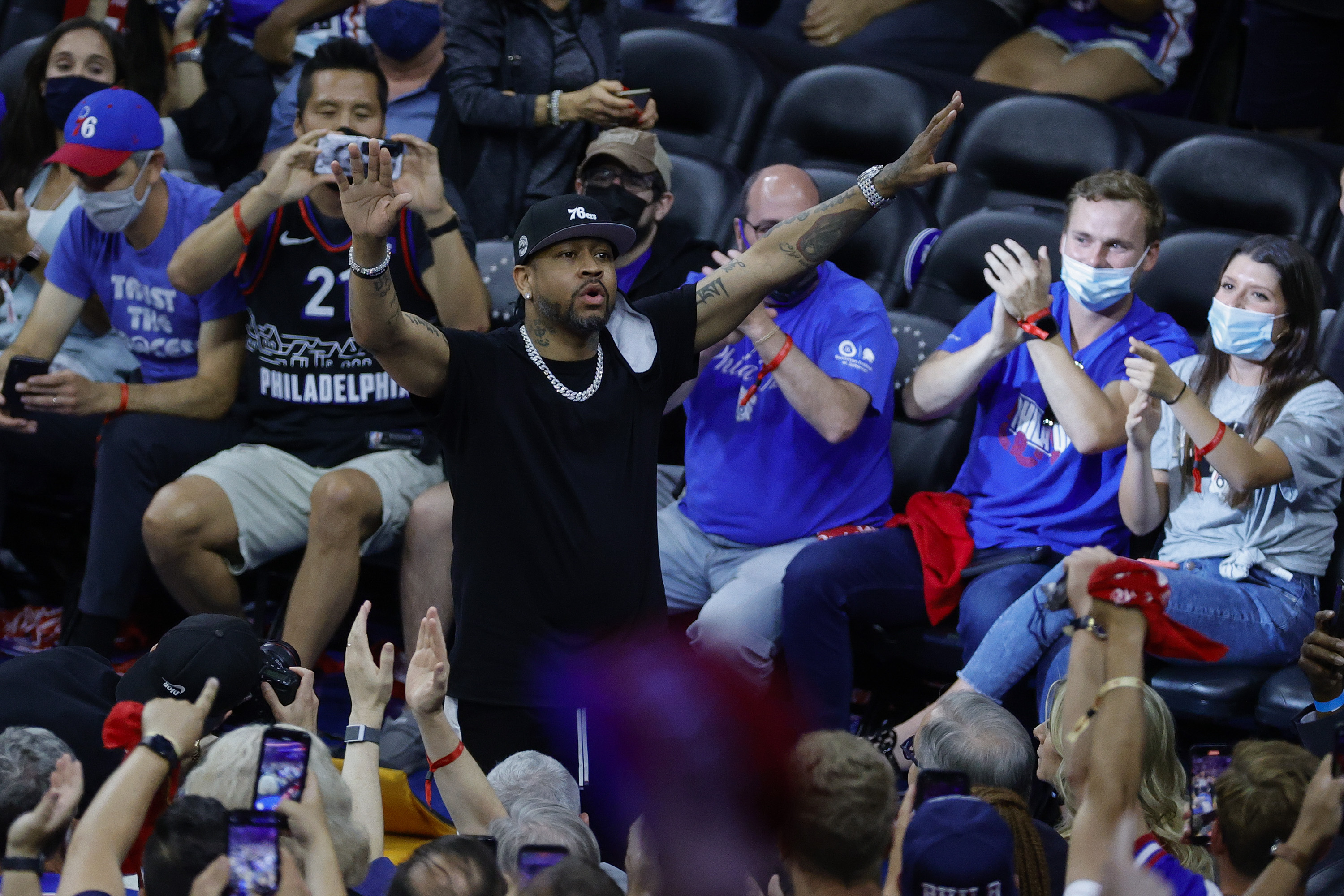 Philadelphia 76ers great Allen Iverson waves to the crowd during a playoff game