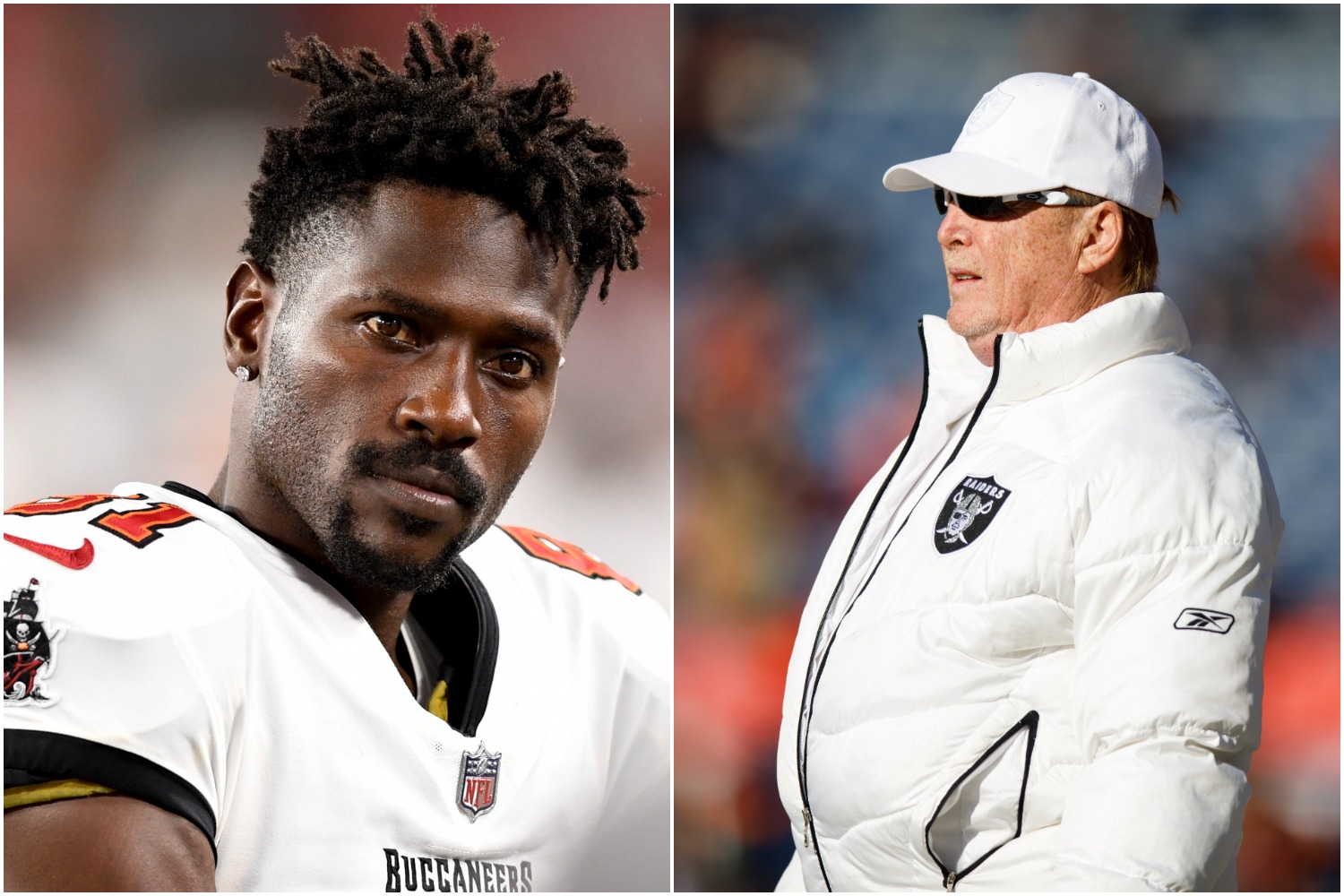 Antonio Brown looks on before a game while Mark Davis watches the Raiders play.