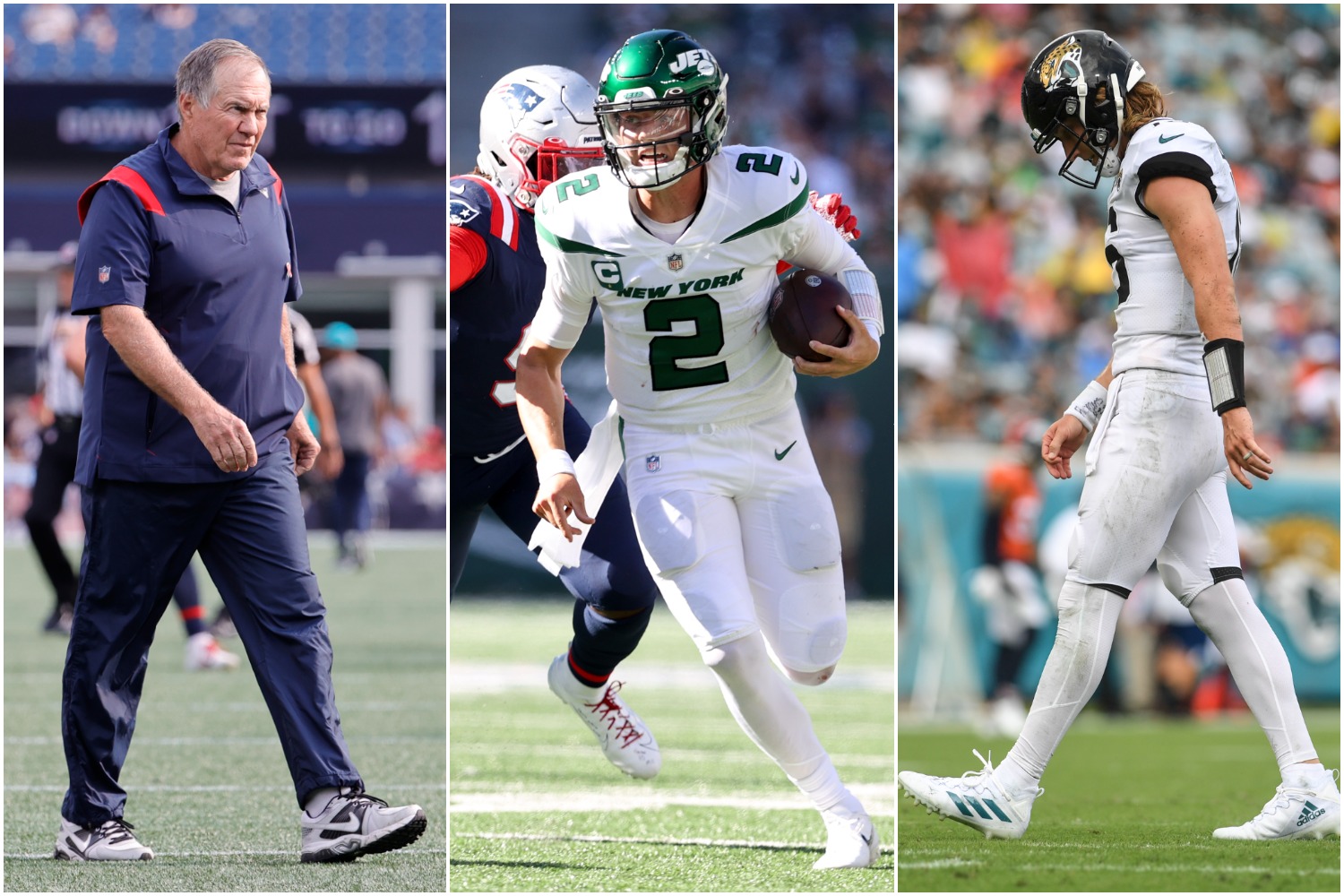 Bill Belichick walks onto the field as Jets QB Zach Wilson tries to escape pressure and Trevor Lawrence walks with his head down.