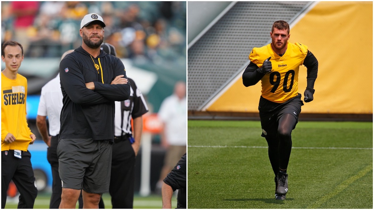(L-R) Pittsburgh Steelers quarterback Ben Roethlisberger looks on during the preseason game between the Philadelphia Eagles and the Pittsburgh Steelers on August 12, 2021 at Lincoln Financial Field; T.J. Watt of the Pittsburgh Steelers in action during training camp at Heinz Field on July 29, 2021 in Pittsburgh, Pennsylvania.