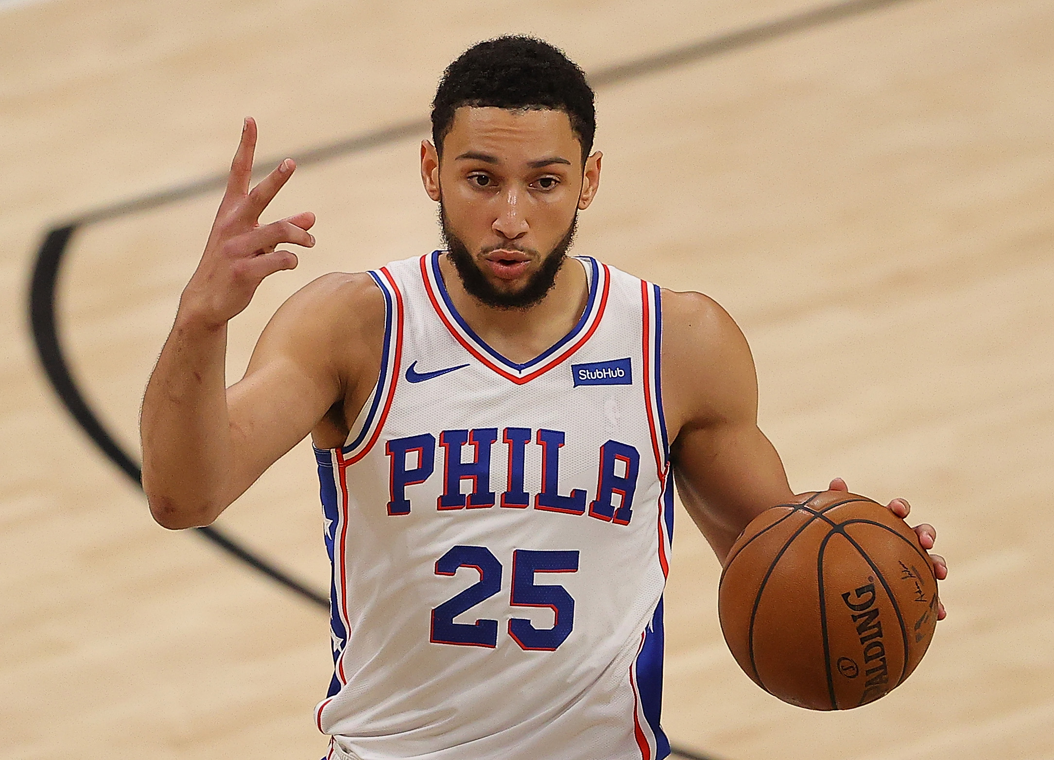 Philadelphia 76ers Ben Simmons calls a play during the 2021 NBA Playoffs