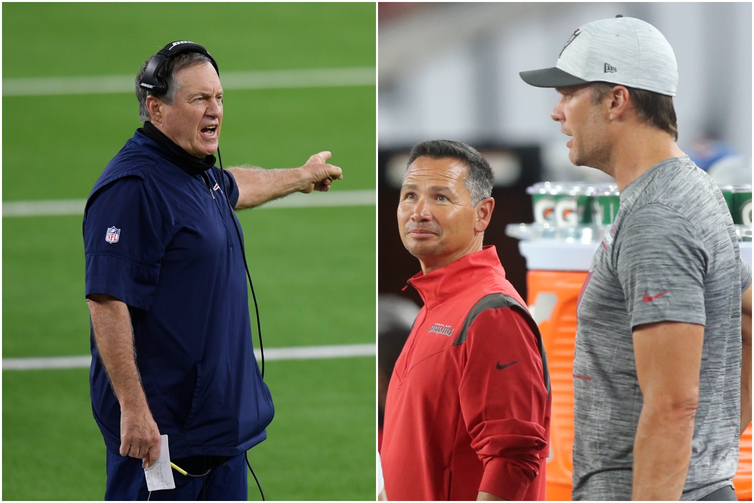 New England Patriots head coach Bill Belichick complains to the referees during a game as Alex Guerrero and Tom Brady stand on the sidelines.