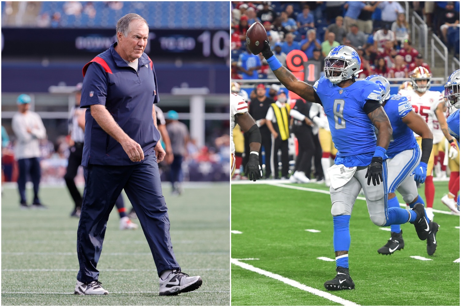 New England Patriots head coach Bill Belichick walks onto the field during warmups while Detroit Lions linebacker Jamie Collins celebrates recording a turnover.