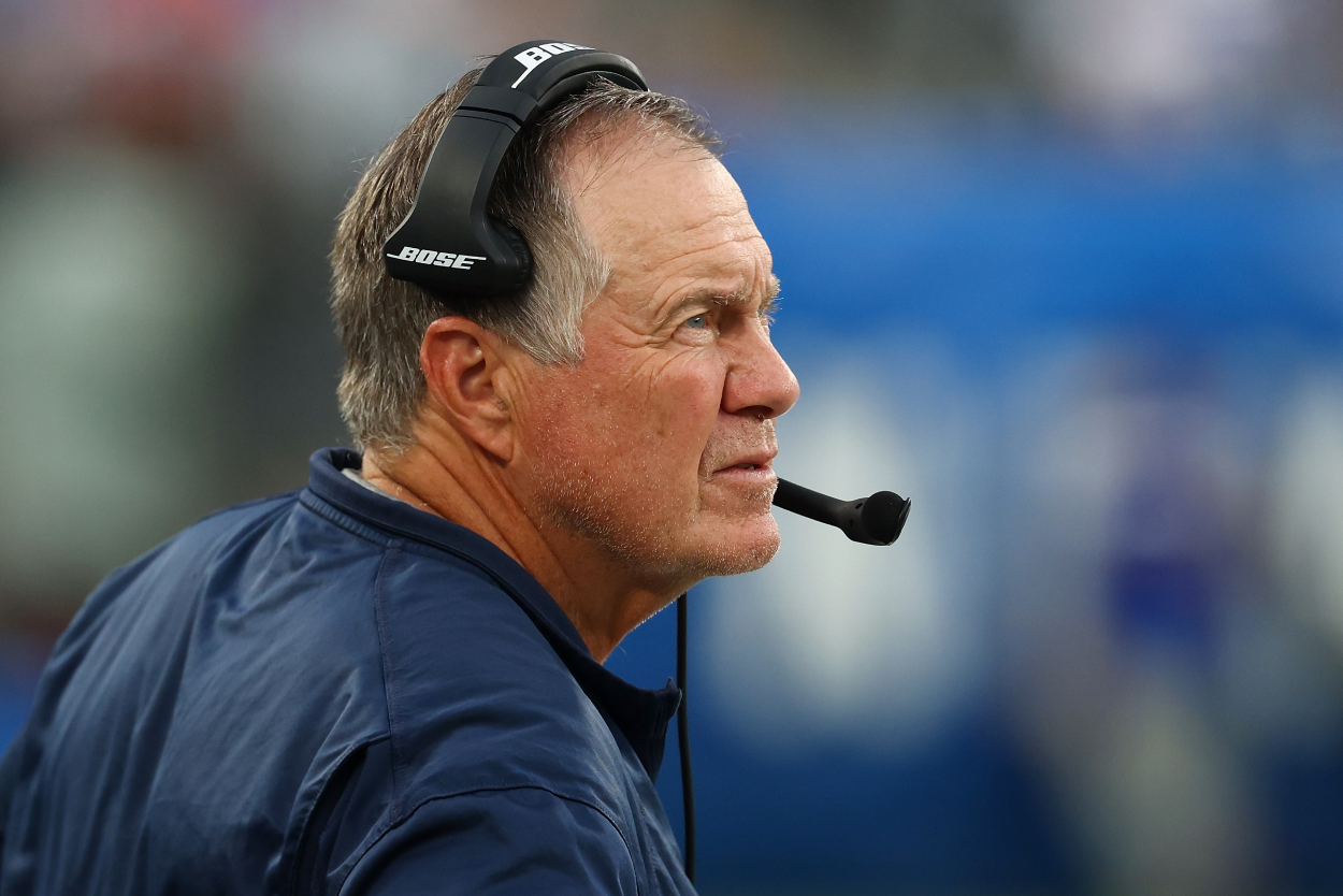 Head Coach Bill Belichick of the New England Patriots looks on from the bench during the game against the New York Giants.