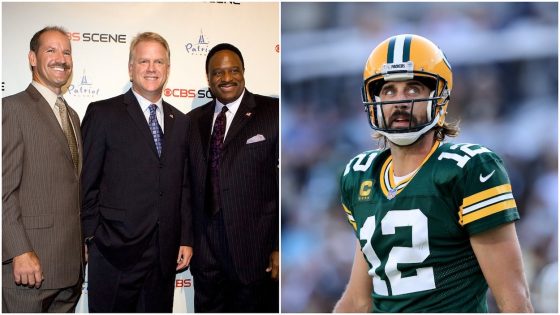 (L-R) Bill Cowher, Boomer Esiason, and James Brown attends the grand opening of the CBS Scene Restaurant & Bar on September 6, 2008 in Boston, Massachusetts; Aaron Rodgers of the Green Bay Packers looks toward the scoreboard during the game against the New Orleans Saints at TIAA Bank Field on September 12, 2021 in Jacksonville, Florida.