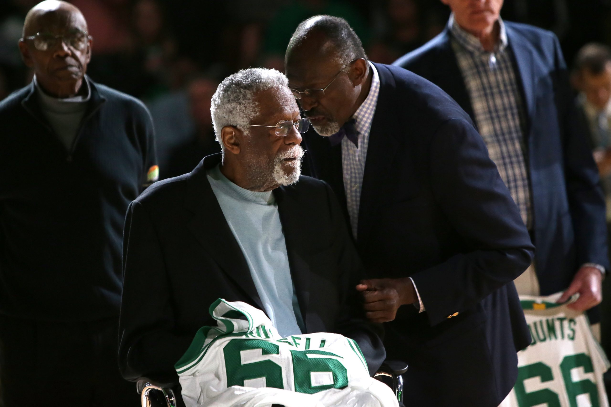 Bill Russell is honored at halftime of the game between the Boston Celtics and the Miami Heat.