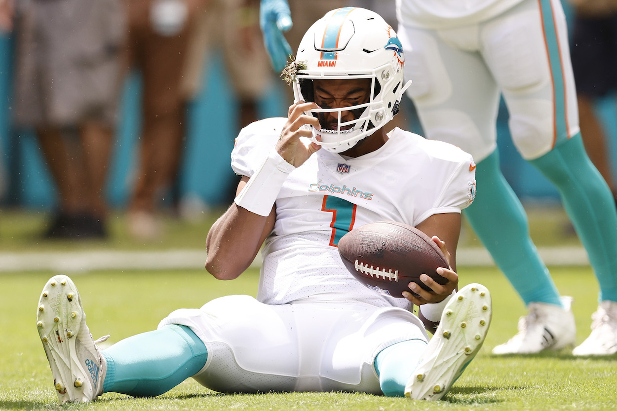Miami Dolphins QB Tua Tagovailoa after being sacked by the Buffalo Bills.