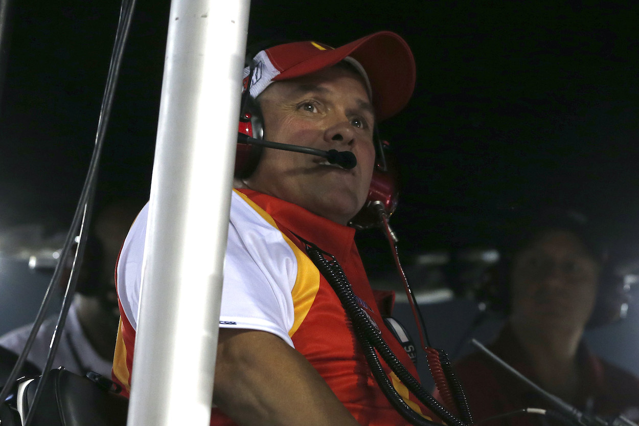 Bubba Wallace crew chief Bootie Barker looks on