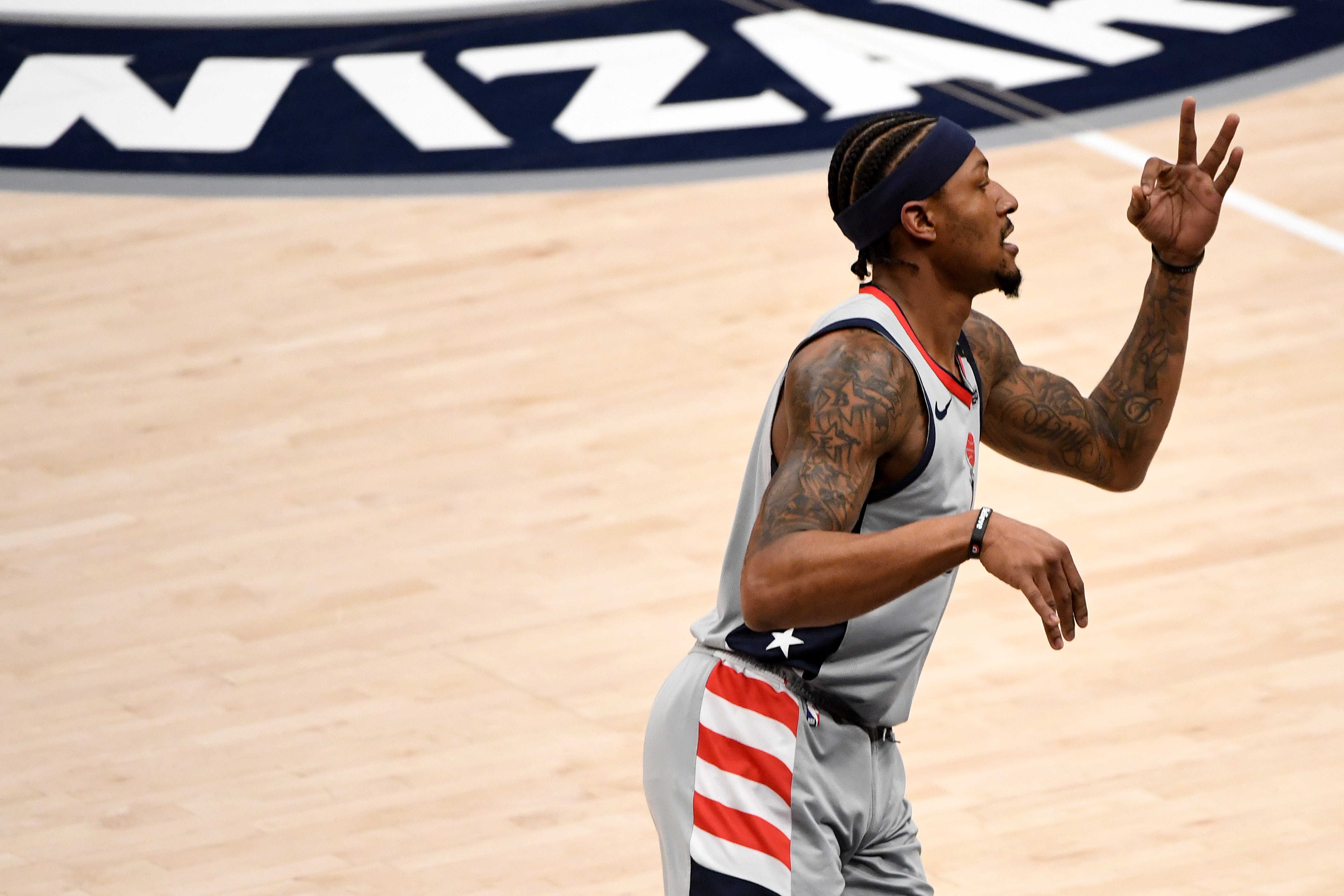 Wizards star Bradley Beal celebrates a three-pointer during the NBA Play-In Torunament