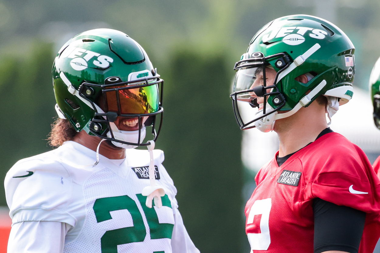 New York Jets rookies, Cornerback Brandin Echols and Quarterback Zach Wilson are pictured during New York Jets Training Camp on August 11, 2021 at the Atlantic Health Training Center in Florham Park, NJ.