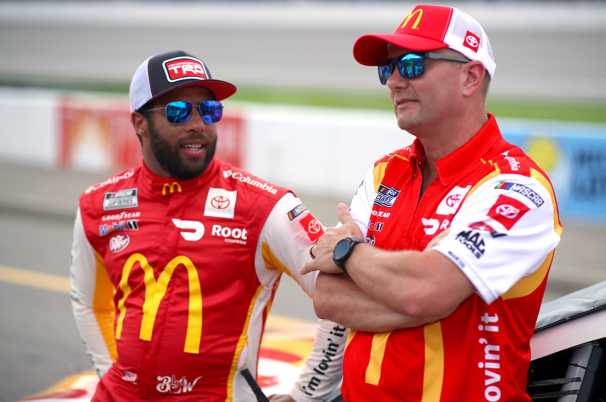 Bubba Wallace and crew chief Mike Wheeler