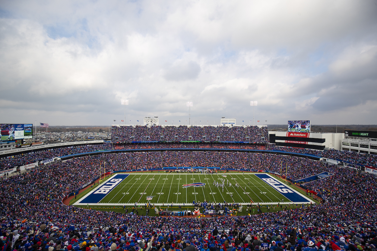 General view from midfield in the upper deck at New Era Field (Now Highmark Stadium) during the game between the Buffalo Bills and the Denver Broncos on November 24, 2019 in Orchard Park, New York. Buffalo defeats Denver 20-3.