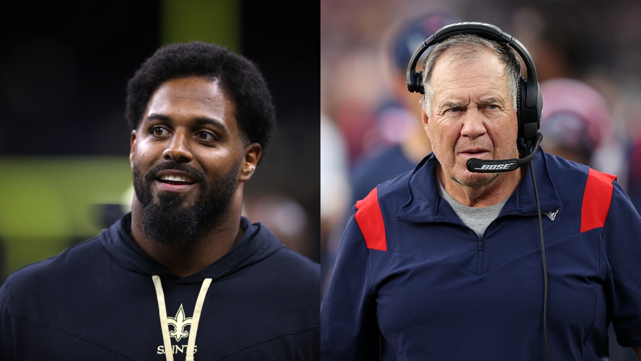 Cam Jordan on the field before Saints game | Bill Belichick coaching on the sideline