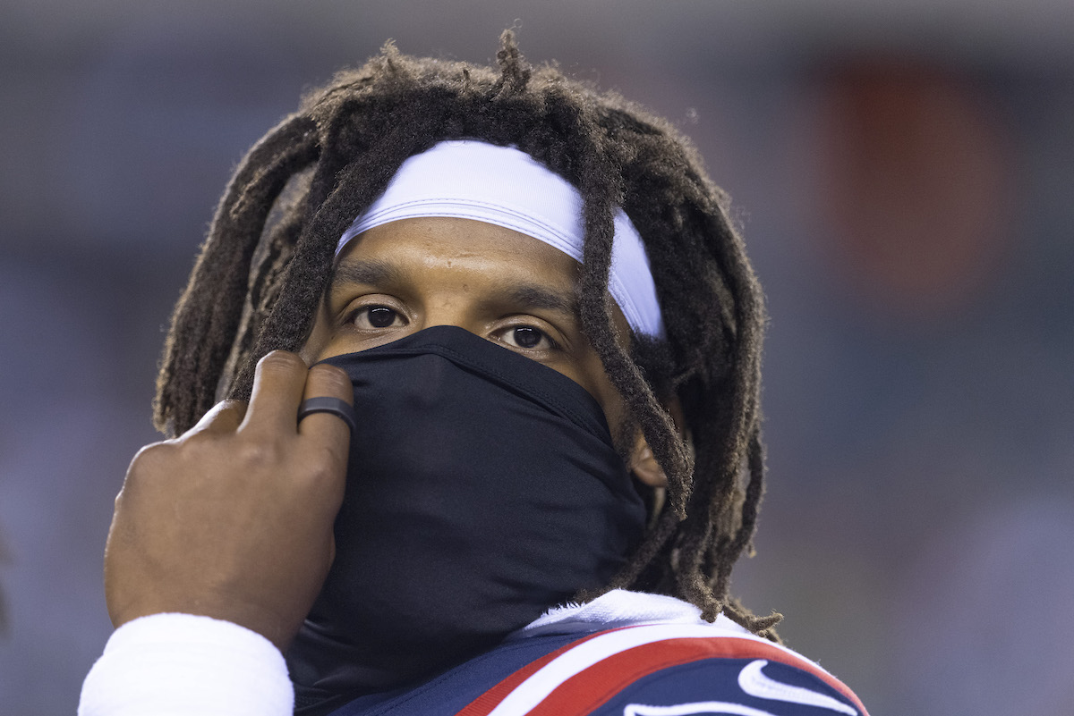 Cam Newton of the New England Patriots looks on during a 2020 NFL game