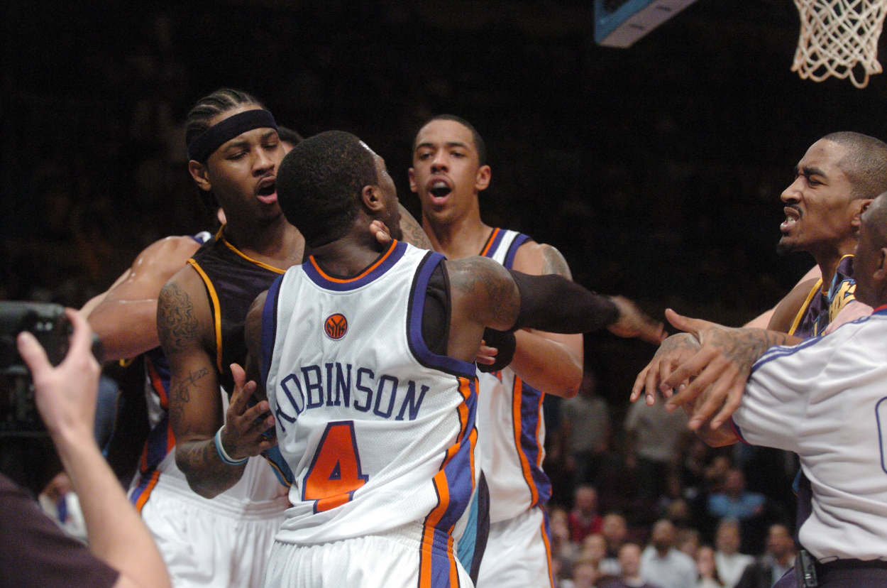Carmelo Anthony and Nate Robinson get into it during a scuffle between the Nuggets and Knicks in 2006.