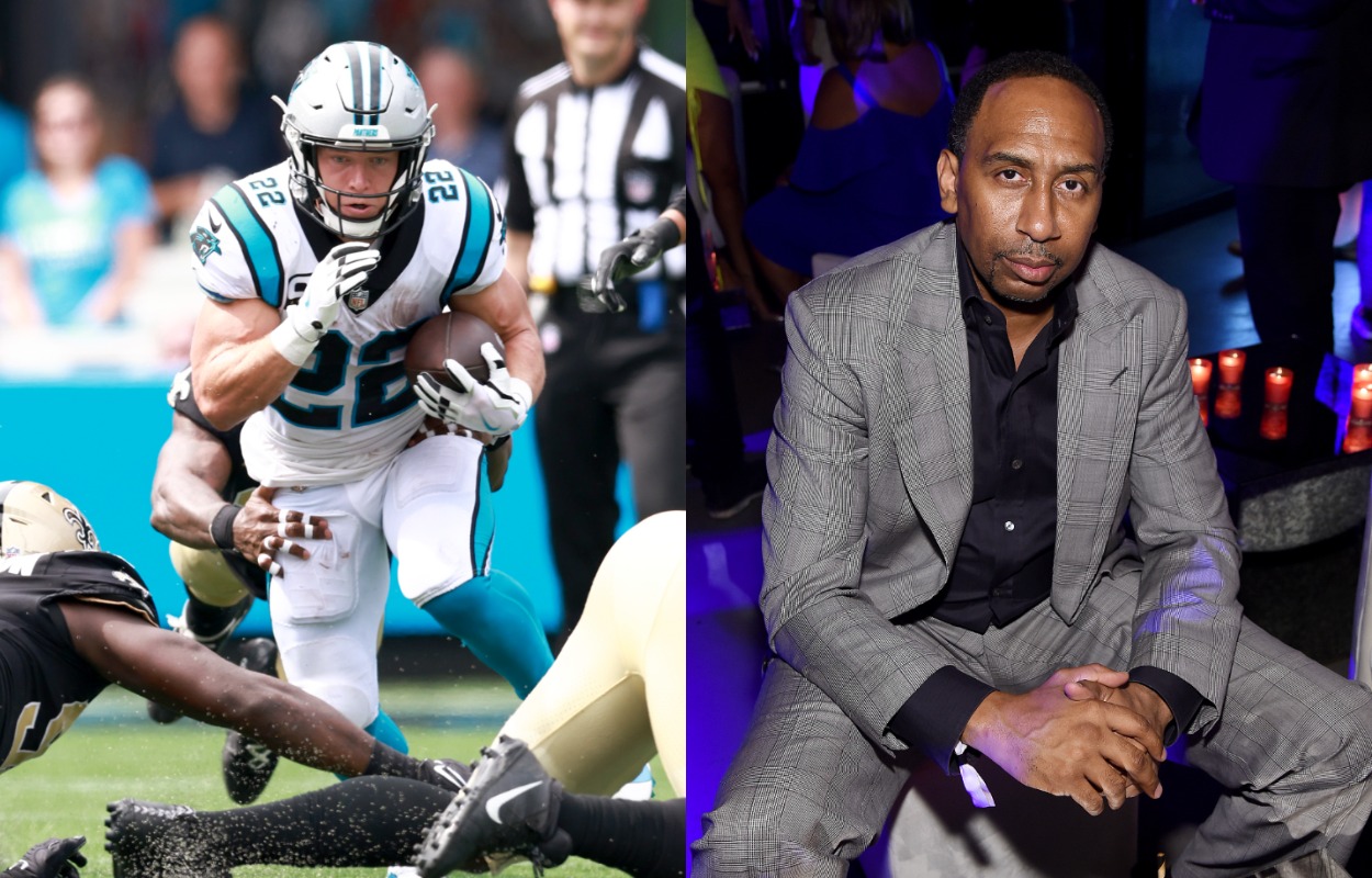 Carolina Panthers running back Christian McCaffrey in 2021 and ESPN's Stephen A. Smith in 2019.